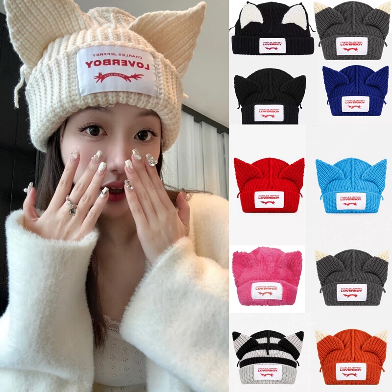 Loverboy Cat Ear Knitted Hat for Women, Korean Style Couple Hat, Cute Piggy Autumn and Winter Warm Wool Hat, Trendy Cold Weather Hat Loverboy Cat Ear Knitted Hat for Women, Korean Style Couple Hat, Cute Piggy Autumn and Winter Warm Wool Hat, Trendy Cold Weather Hat