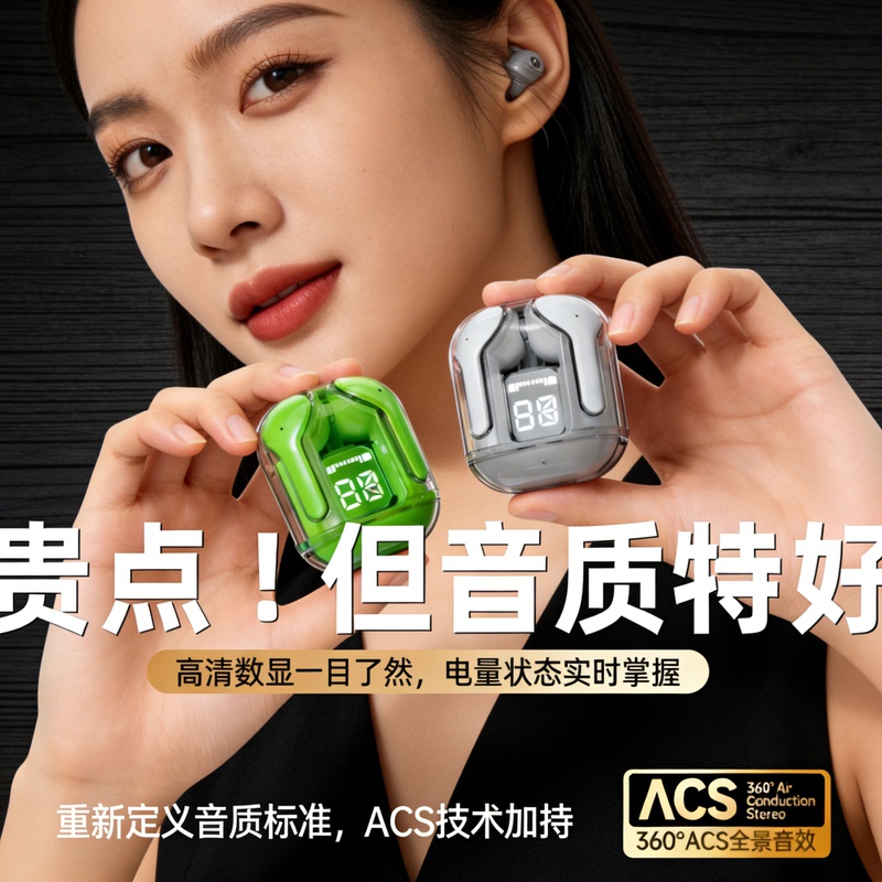 Transparent Space Capsule Wireless Bluetooth Headset with Digital Display, Suitable for Android and Apple In-Ear Series, Universal for Listening to Music and Making Calls