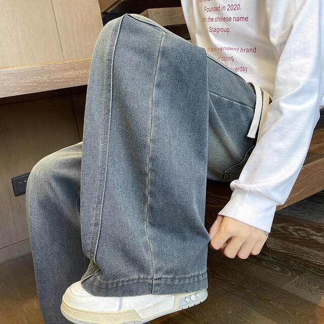 American Scimitar Jeans Men's Autumn and Winter Velvet Thickened Wide Leg Pants Men's Retro Washed Casual Straight Pants