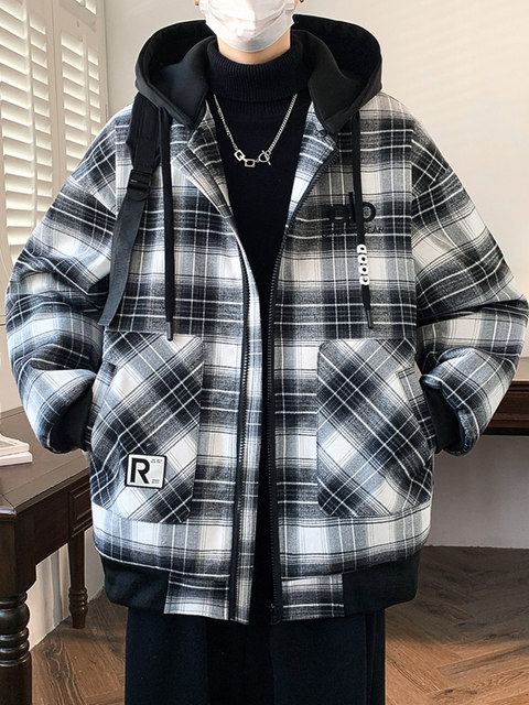 Men's velvet thickened jackets for teenagers and students, cotton-padded clothes, warm plaid cold-proof clothes, loose and handsome