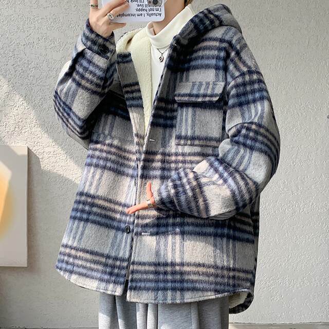 Plaid Woolen Jacket for Men, Autumn and Winter, Fleece-Lined and Thickened, Hooded Lamb Wool Jacket, Men's Casual Cotton Coat in a Chanel Style