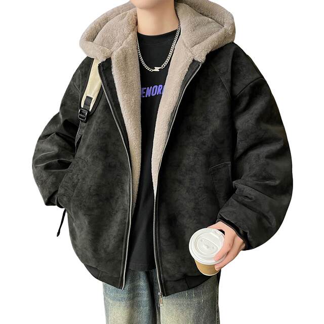 American-Style Oversized Motorcycle Jacket for Men, Autumn and Winter Fleece-Lined Thick Hooded Coat, Trendy Winter Suede Cotton Jacket