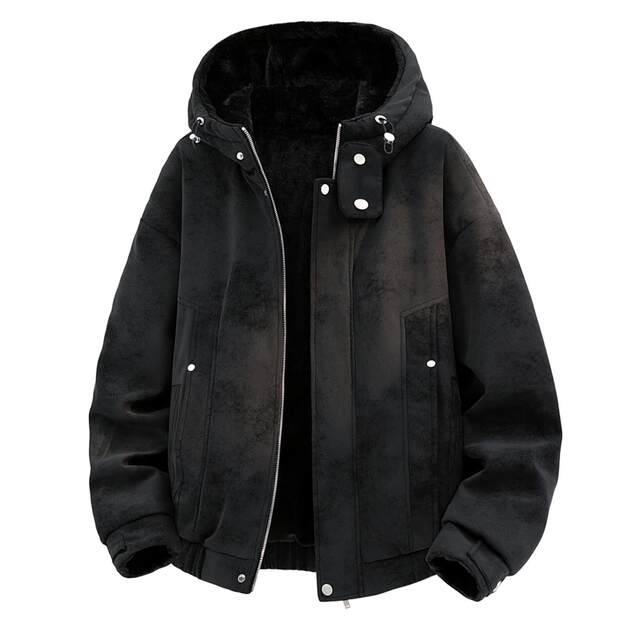 Reversible jacket for men in winter, velvet warm workwear style hooded jacket for men, simple loose suede retro cotton coat