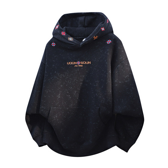 American-Style Tie-Dye Sweatshirt for Men, Autumn and Winter Heavy Fleece Hooded Pullover with Design Embroidery, Couple's Style Top