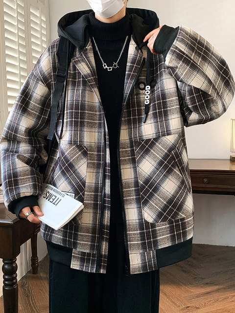 Men's velvet thickened jackets for teenagers and students, cotton-padded clothes, warm plaid cold-proof clothes, loose and handsome