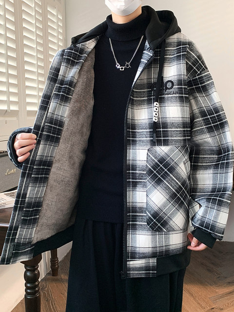 Men's velvet thickened jackets for teenagers and students, cotton-padded clothes, warm plaid cold-proof clothes, loose and handsome