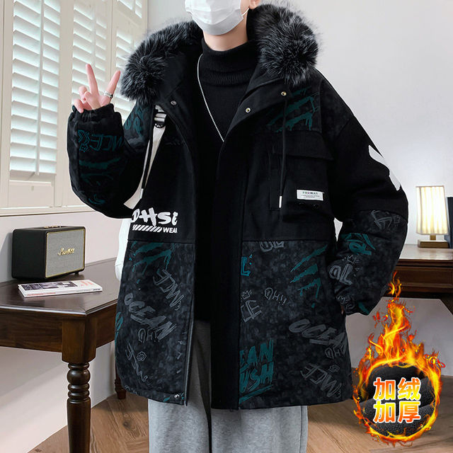 Winter new style teenage student male all-match velvet thickened washed mid-length printed overcoat cotton jacket