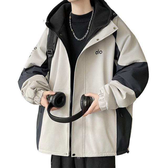 Velvet splicing jacket men's autumn and winter trendy brand thickened warm hooded jacket men's outdoor winter wear cold protection jacket