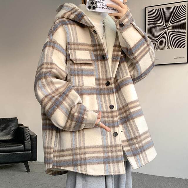 Plaid Woolen Jacket for Men, Autumn and Winter, Fleece-Lined and Thickened, Hooded Lamb Wool Jacket, Men's Casual Cotton Coat in a Chanel Style