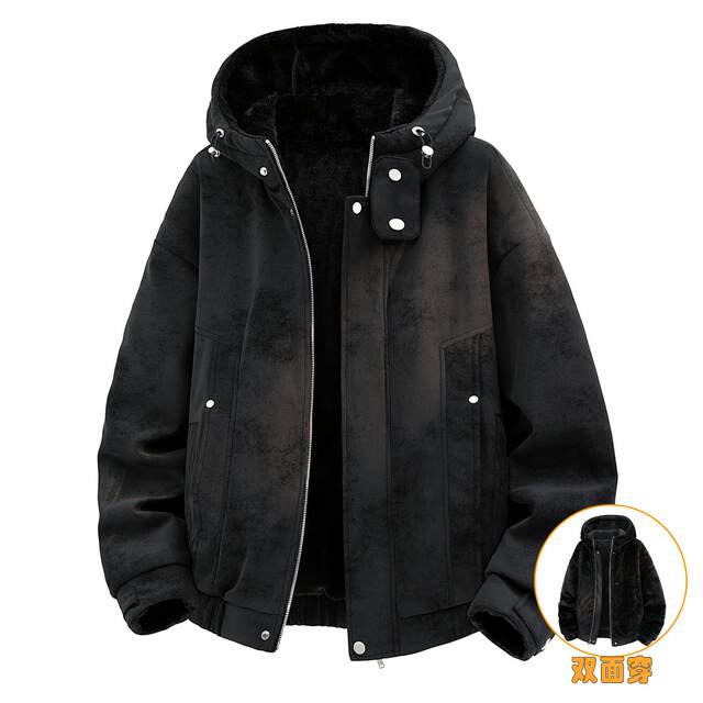 Reversible jacket for men in winter, velvet warm workwear style hooded jacket for men, simple loose suede retro cotton coat