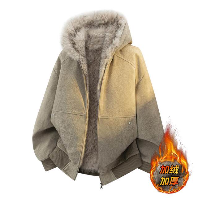 Mountain eagle hooded cotton coat men's winter velvet thickened fur collar jacket youth workwear cold protection jacket
