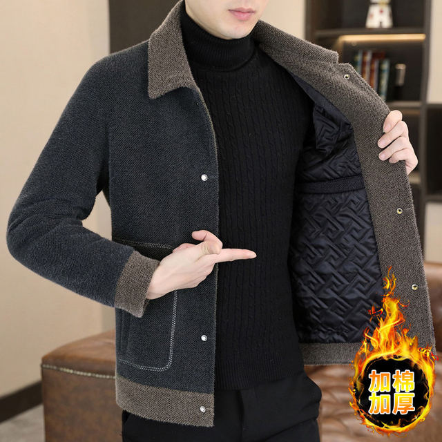 2025 autumn and winter short woolen thickened casual jacket for young men, versatile lapel and cotton men's jacket