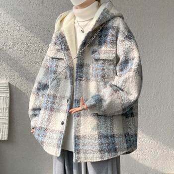 Men's Lambswool Woolen Coat for Autumn and Winter, Thickened with Fleece, Hooded Cotton Jacket, Men's Chanel-Style Plaid Cold-Proof Cotton Clothing