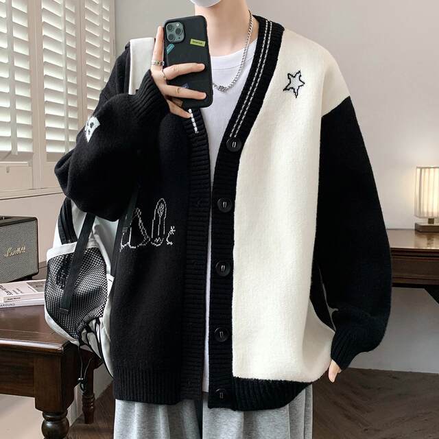 V-Neck Cardigan Sweater for Men 2025 New Color-Blocked Knit Jacket for Men Autumn and Winter Stylish Sweater Coat for Men