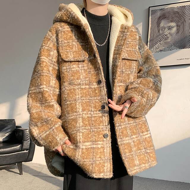 Lamb woolen coat men's autumn and winter velvet thickened hooded cotton coat men's small style cold-proof cotton coat