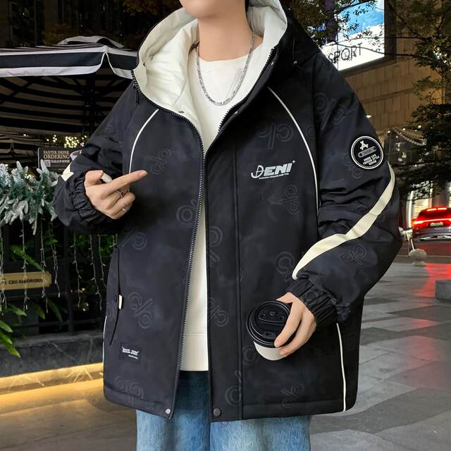 Plush Warm Jacket Men's Autumn and Winter American Tie-Dye Hooded Jacket Men's Workwear Style Loose Functional Jacket