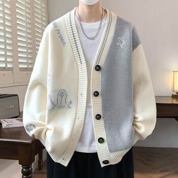 V-Neck Cardigan Sweater for Men 2025 New Color-Blocked Knit Jacket for Men Autumn and Winter Stylish Sweater Coat for Men