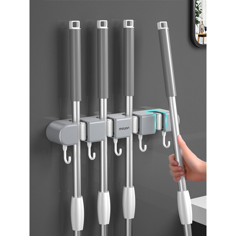 Multi-Functional Mop Holder, No-Drill Installation, Neatly Stores Mops and Other Cleaning Tools, Easy to Access, Saves Space Multi-Functional Mop Holder, No-Drill Installation, Neatly Stores Mops and Other Cleaning Tools, Easy to Access, Saves Space