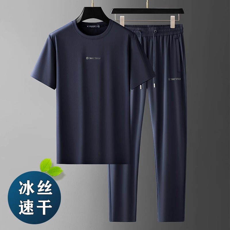 Italian Ice Silk Casual Suit for Men, Summer Thin Quick-Drying Short-Sleeved T-Shirt, Loose Elastic Sports Pants Two-Piece Set