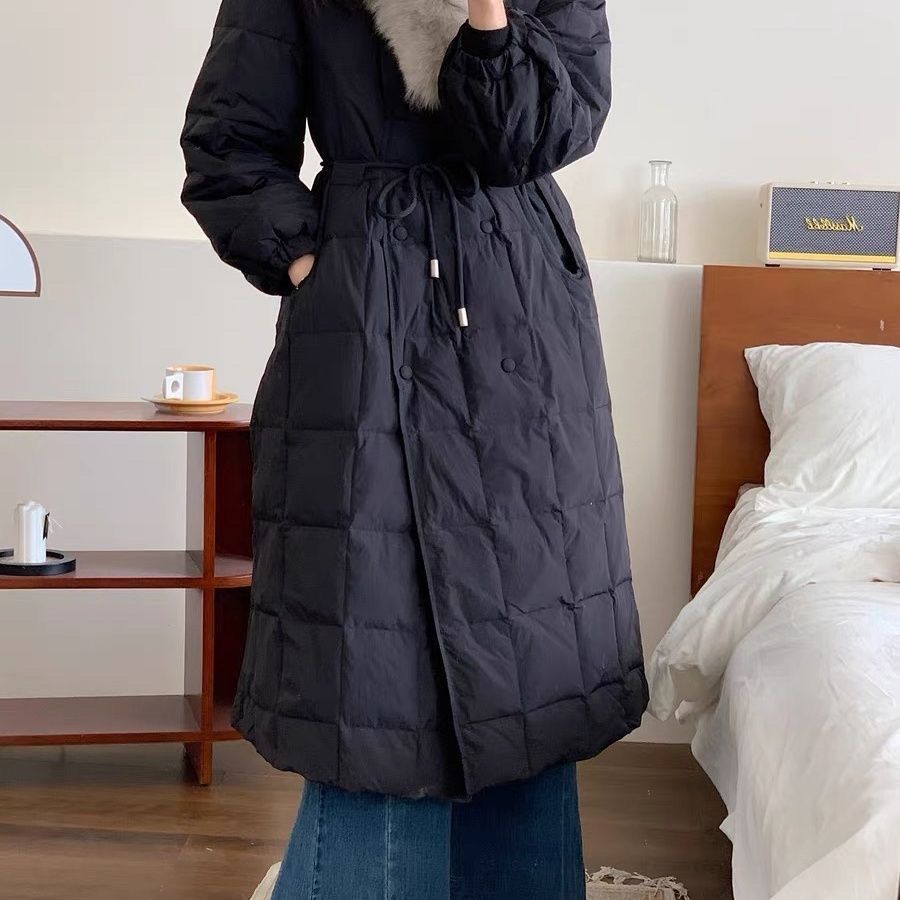 Fox fur collar surrounding neck with a long section of down clothes woman 2023 Winter new Korean version closeted waist white duck down over knee jacket-Taobao