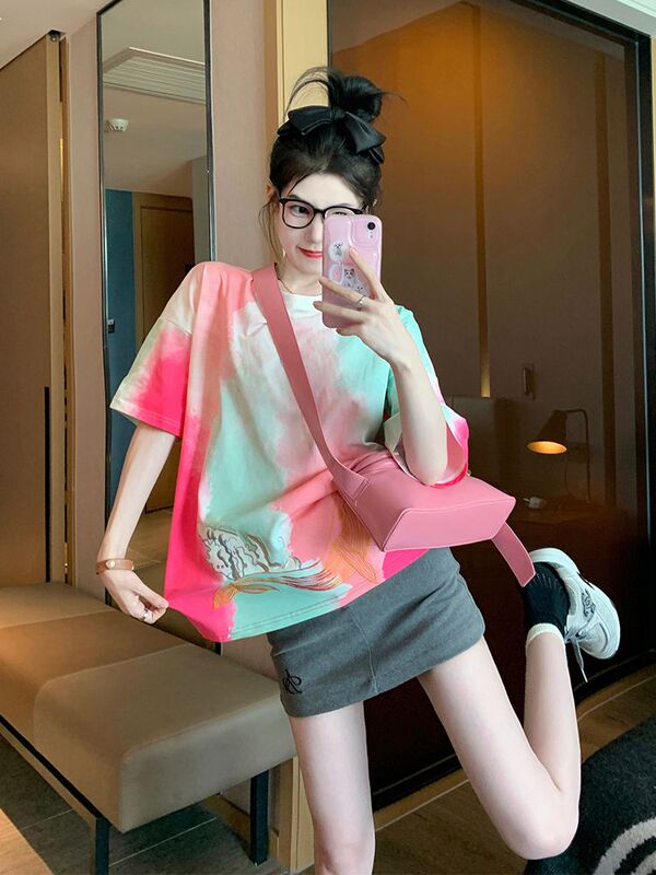 Plus Size 1.0-150kg Tie-Dye Gradient Short-Sleeve T-Shirt for Women, Popular in Summer 2026, Loose Fit for Chubby Girls, New Chinese Style Trendy Top