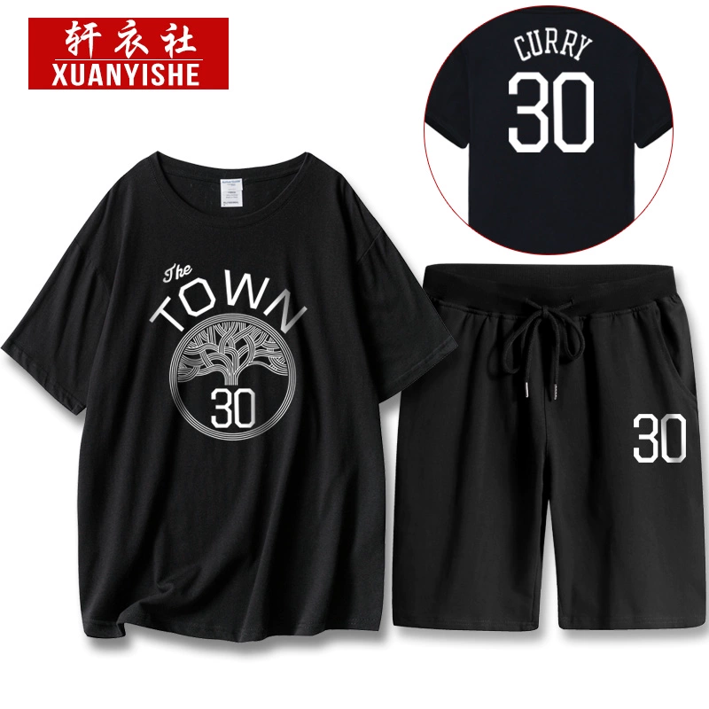 Đồng phục bóng rổ Warriors Thompson Curry số 30 nam ngắn tay áo phông cotton quần đùi thể thao học sinh - Bộ đồ