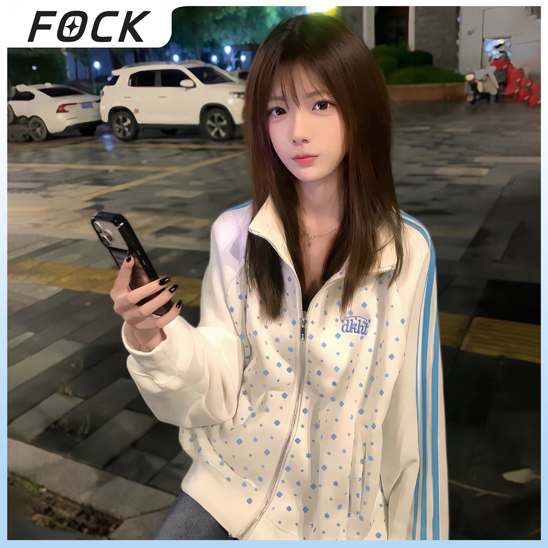 Fock American Retro Star Stand-Up Collar Zipper Jacket for Women and Men Loose Casual Sports Jacket White Short Jacket Fock American Retro Star Stand-Up Collar Zipper Jacket for Women and Men Loose Casual Sports Jacket White Short Jacket