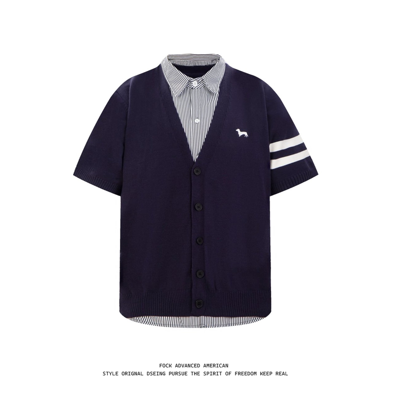 Fock Original Old Money Style Fake Two-Piece Lapel Knit Cardigan Unisex Short-Sleeve Polo Shirt Casual Versatile Top