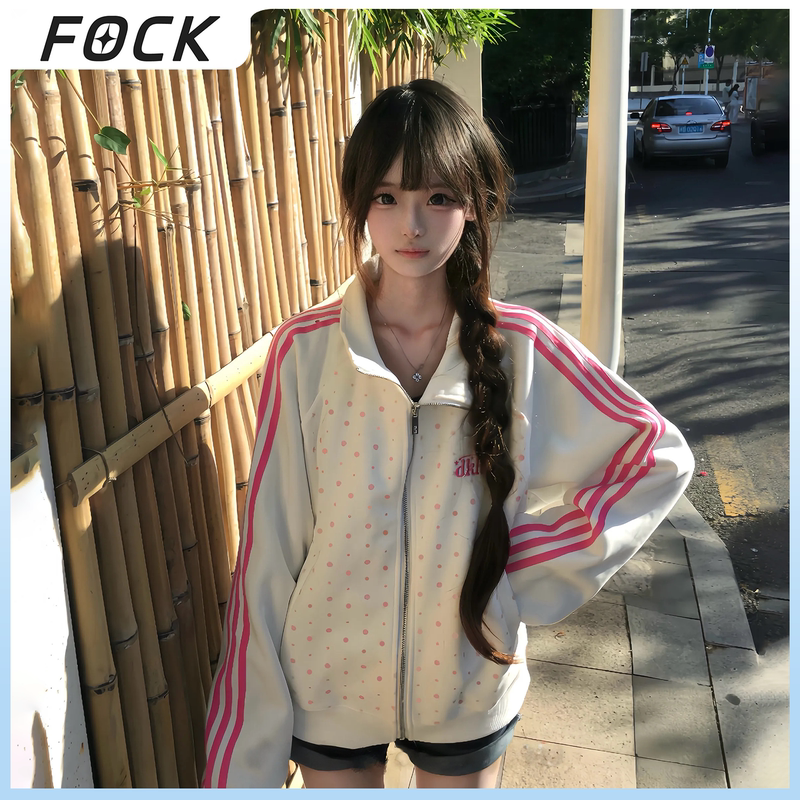 Fock American Retro Star Stand-Up Collar Zipper Jacket Women's Loose Casual Sports Jacket White Short Jacket
