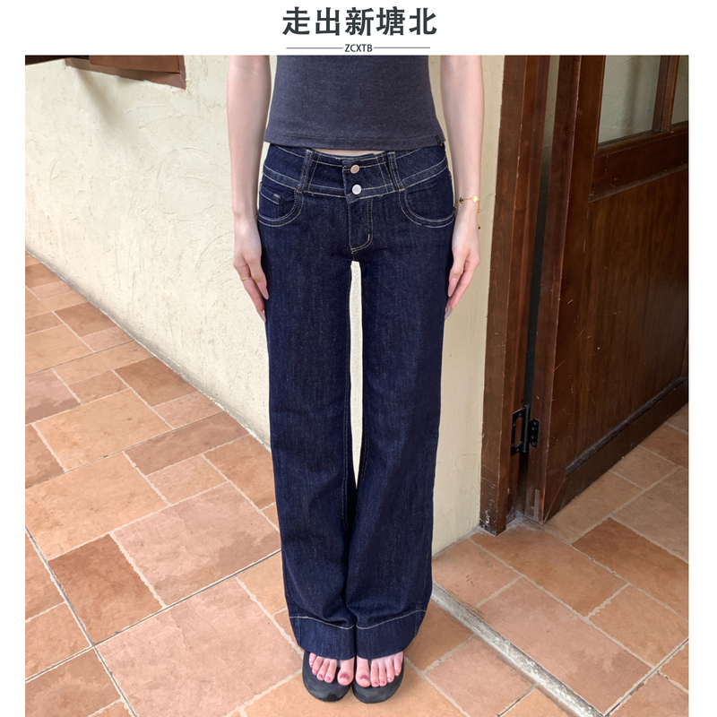 New Tang North Low-Rise Flared Jeans for Women 2026 Raw Denim Dark Blue American Style Spicy Girl Straight-Leg Pants