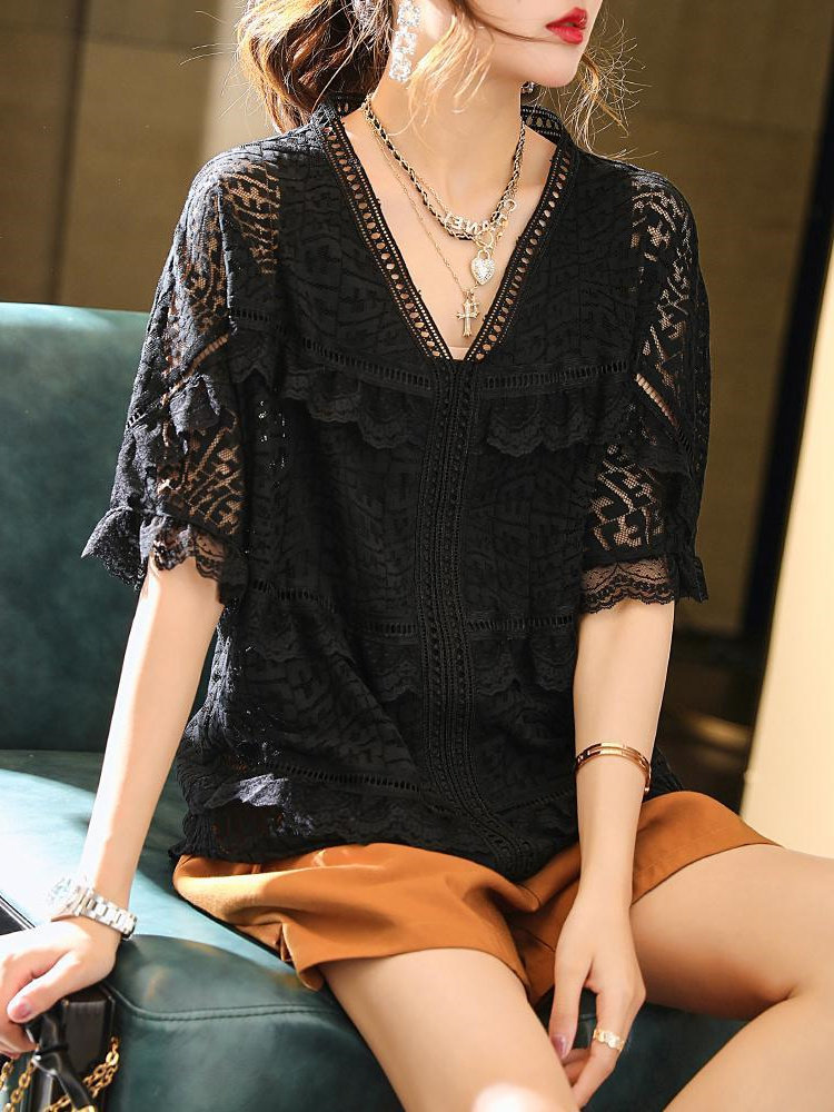 Летняя новая модная футболка большого размера fat MM, свободная кружевная футболка весом 300 кг, шифоновая рубашка средней длины с объемной вышивкой, женский тренд