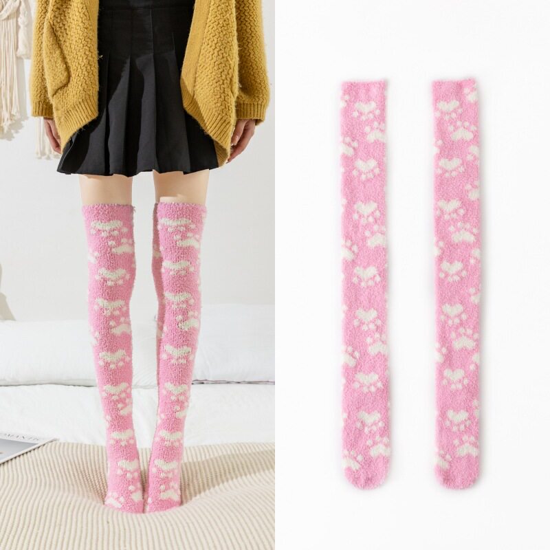 Coral Fleece Over-The-Knee Socks for Women, Autumn and Winter Thickened Warm Long Socks, Maternity Thigh Warmers, Paw Print Sleep Socks Coral Fleece Over-The-Knee Socks for Women, Autumn and Winter Thickened Warm Long Socks, Maternity Thigh Warmers, Paw Print Sleep Socks