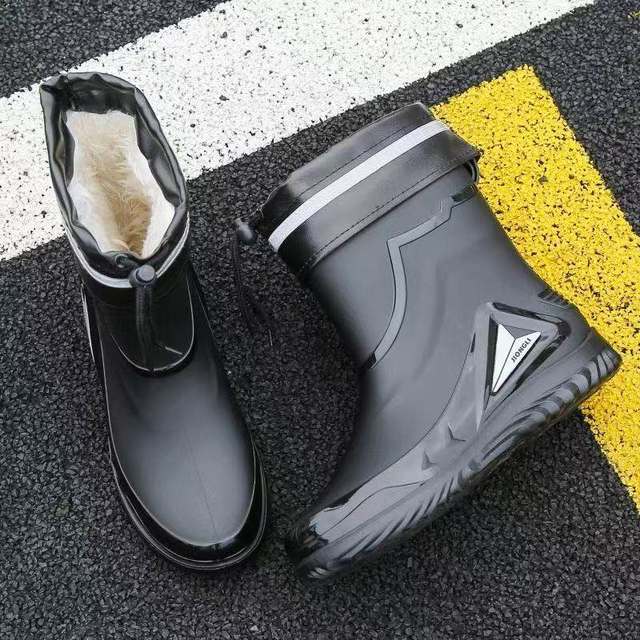 Men's Rain Boots with Cuffs, New Waterproof Shoes, Outdoor Water Boots, Kitchen Non-Slip Work Rubber Shoes, Fleece-Lined Cotton Warm Rain Boots