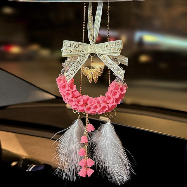 2025 New Lily of the Valley Flower Pendant with Flocking Technology, Car Butterfly Hanging Ornament, Car Rearview Mirror Decoration