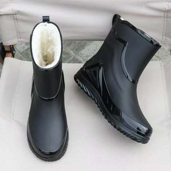 Men's Rain Boots with Cuffs, New Waterproof Shoes, Outdoor Water Boots, Kitchen Non-Slip Work Rubber Shoes, Fleece-Lined Cotton Warm Rain Boots