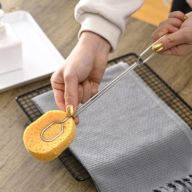 Stainless Steel Sponge Cup Brush with No Dead Corners, Replaceable Long Handle, Natural Wood Pulp Sponge, Non-Oil-Absorbing, Kitchen-Specific