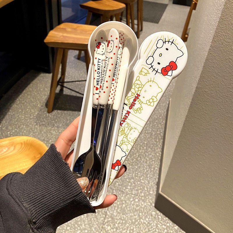 Hello Kitty Cutlery Set Stainless Steel Fork Student Ceramic Handle Hello Kt Spoon Hello Kitty Chopsticks