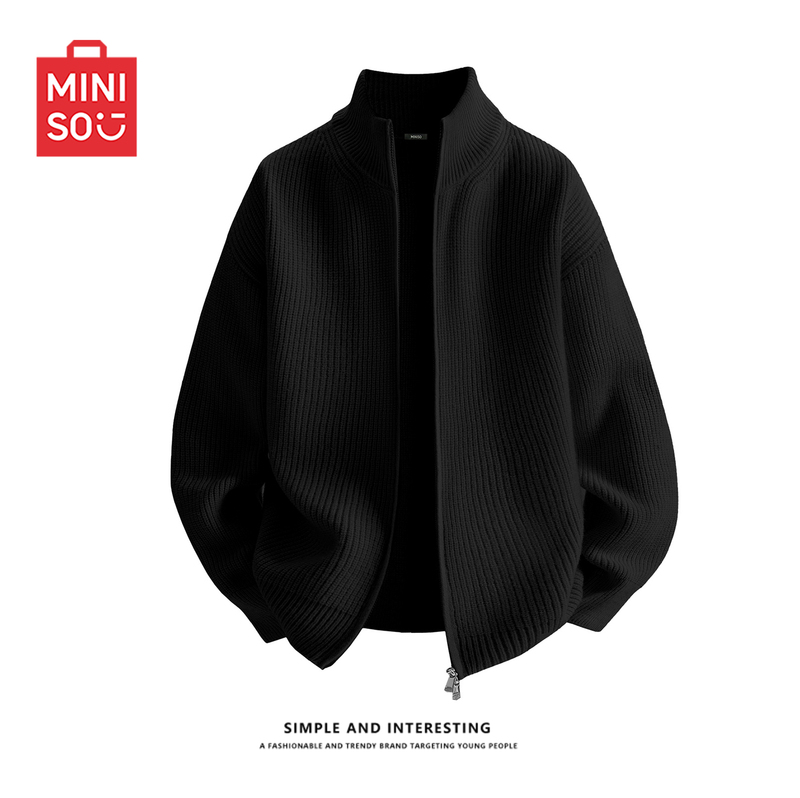 Miniso/Miniso Black Knitted Cardigan Men's New Autumn Style High-End Double Zipper Sweater Jacket Y Miniso/Miniso Black Knitted Cardigan Men's New Autumn Style High-End Double Zipper Sweater Jacket Y