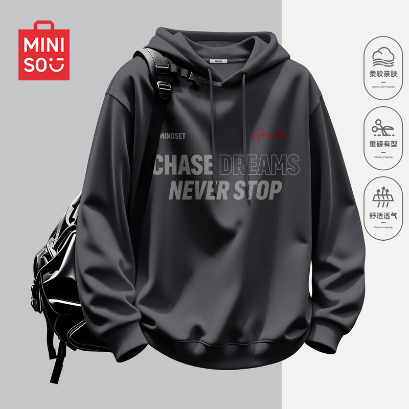 Miniso/Miniso American-Style Hooded Sweatshirt for Men, Autumn Dark Gray Pullover, Simple Jacket Y Miniso/Miniso American-Style Hooded Sweatshirt for Men, Autumn Dark Gray Pullover, Simple Jacket Y