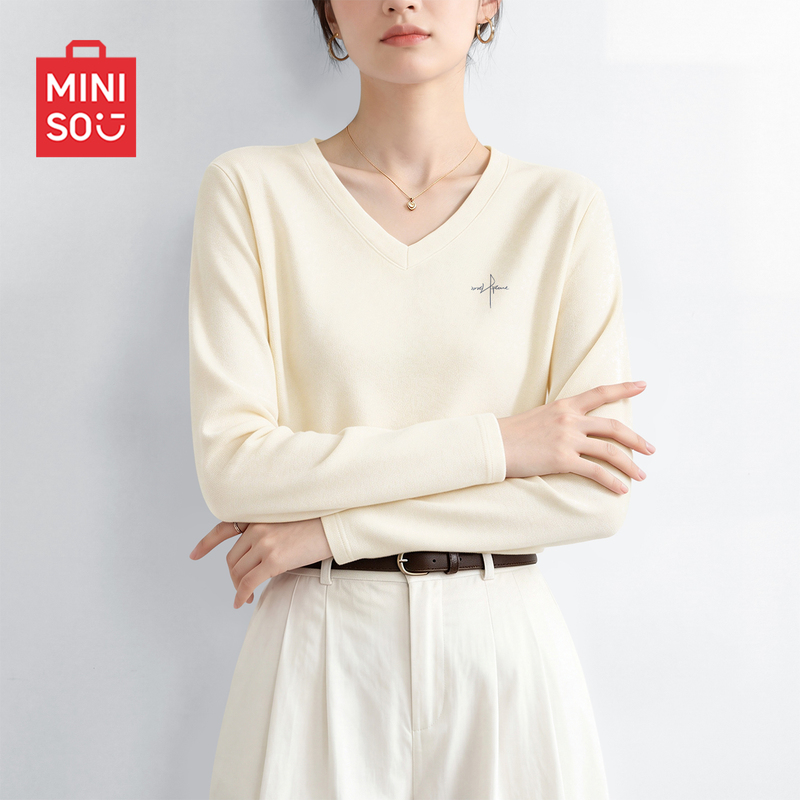 Miniso V-Neck Long-Sleeved T-Shirt for Women 2026 New Autumn and Winter Clothes Korean Style Tops Suitable for Girls to Wear Alone D Miniso V-Neck Long-Sleeved T-Shirt for Women 2026 New Autumn and Winter Clothes Korean Style Tops Suitable for Girls to Wear Alone D