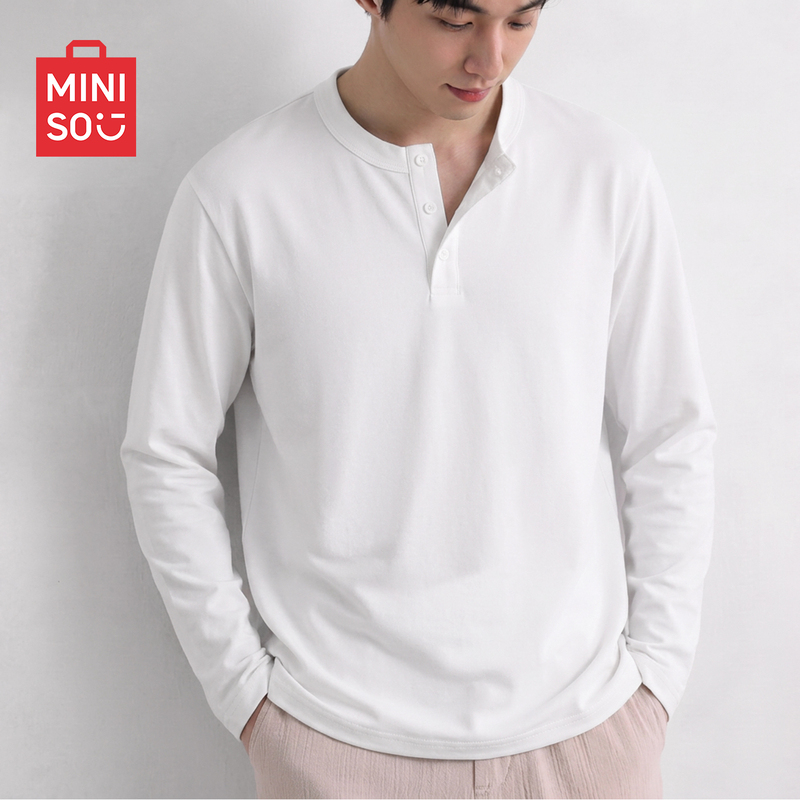 Miniso Long-Sleeve T-Shirt for Men, Henley Shirt, Autumn Casual Style, Cleanfit White Top, Men's Base Shirt a