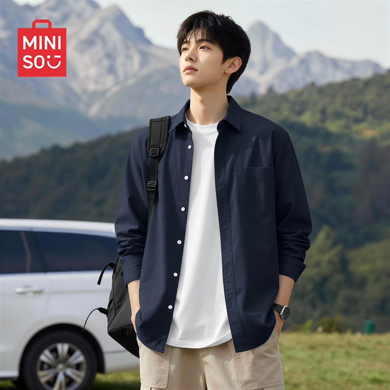MINISO Oxford Long-Sleeved Shirt for Men 2026 New Autumn Navy Blue Cuban Collar Jacket Y MINISO Oxford Long-Sleeved Shirt for Men 2026 New Autumn Navy Blue Cuban Collar Jacket Y