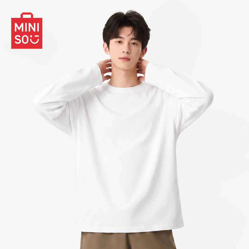 MINISO Long-Sleeved Men's T-Shirt, Autumn Heavyweight Pure Cotton Top, Simple and Versatile Men's Base Shirt a MINISO Long-Sleeved Men's T-Shirt, Autumn Heavyweight Pure Cotton Top, Simple and Versatile Men's Base Shirt a