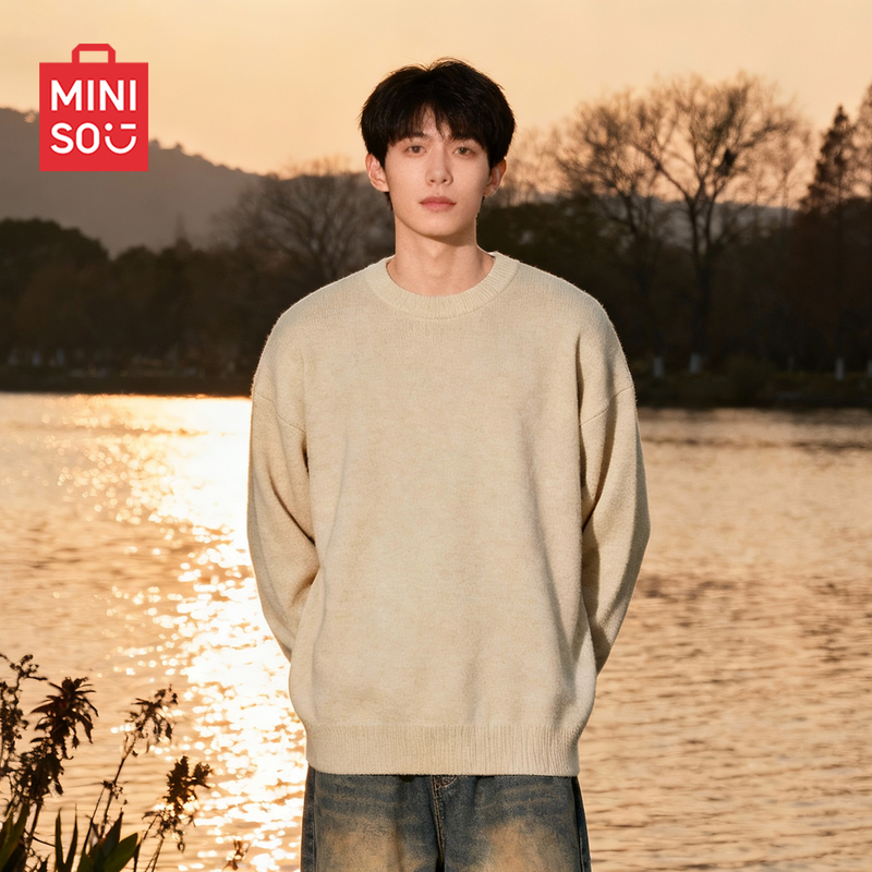 Miniso Premium Fleece-Lined Thick Sweater for Men, Winter 2025 New Round Neck Khaki Inner Layer Knitwear Y