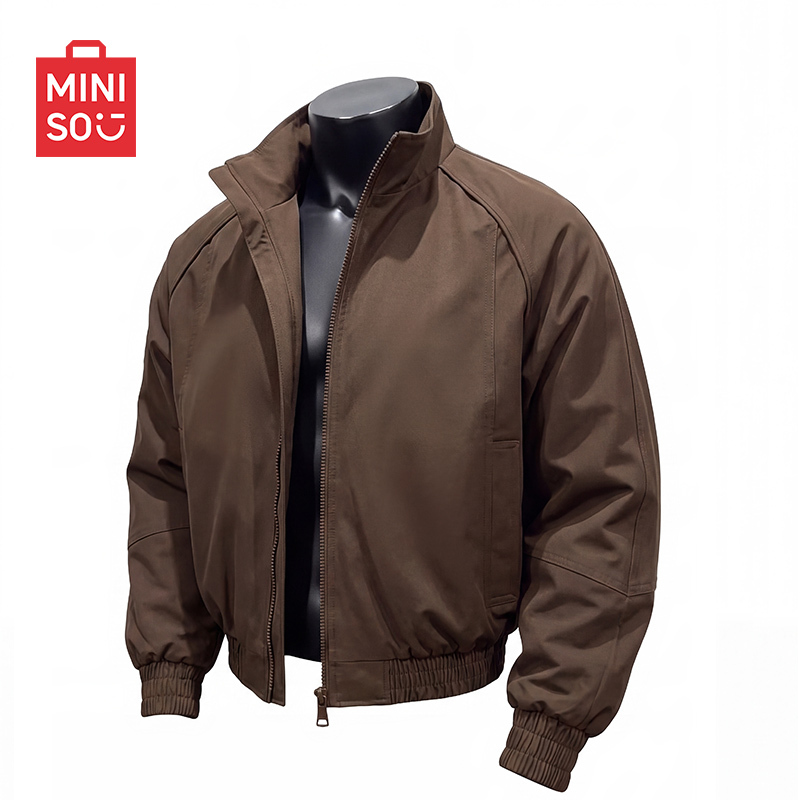 MINISO Short Jacket Men's Autumn Harrington Melard Brown Zipper Bomber Jacket Y MINISO Short Jacket Men's Autumn Harrington Melard Brown Zipper Bomber Jacket Y