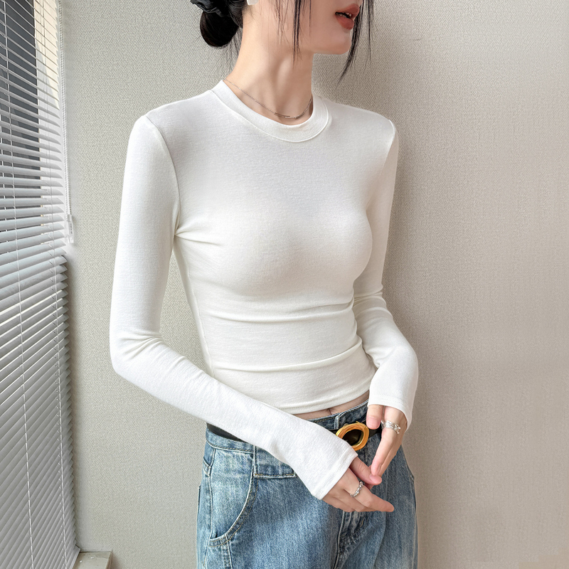 Autumn Long-Sleeved T-Shirt for Women 2026 New Popular Style Autumn and Winter White Slim-Fit Base Shirt with Fleece Tight-Fitting Inner Top
