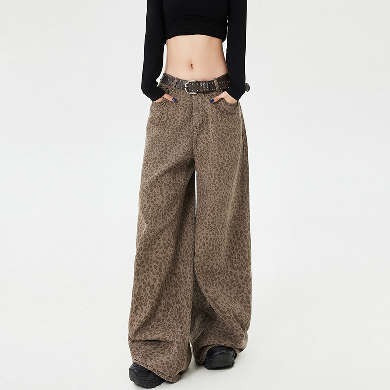 Kpsr American Retro Heart Embroidery Low Saturation High Street Leopard Print Versatile Loose Wide-Leg Jeans for Women