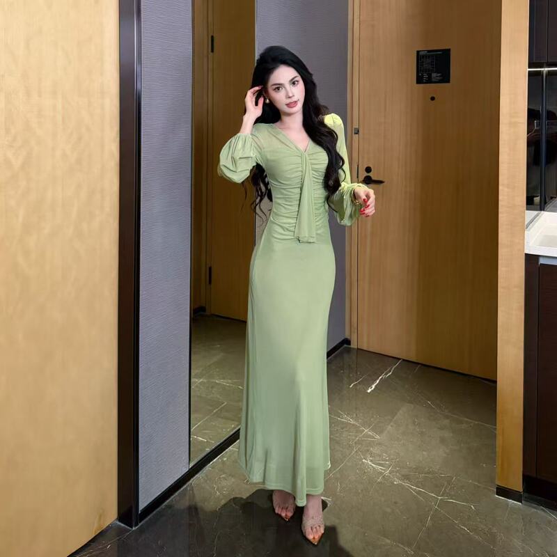 Fairy-Like, Elegant, Simple, Gentle, Mesh Long-Sleeved V-Neck Dress