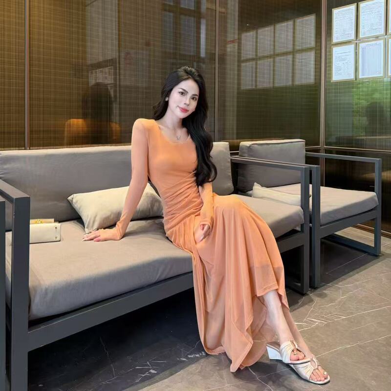 Early Autumn New Style Shiny Silver Thread Pure Desire Round Neck Long Sleeve Waist Slimming Dress