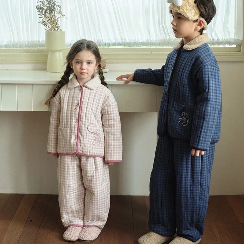 Girls' Home Wear Autumn 2026 New Fashion Warm Lapel Pajamas Boys' Plaid Thickened Set Trendy